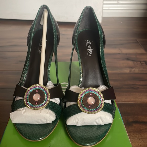 Charles david green and brown open toe pumps with jewel accent piece. - Picture 2 of 10